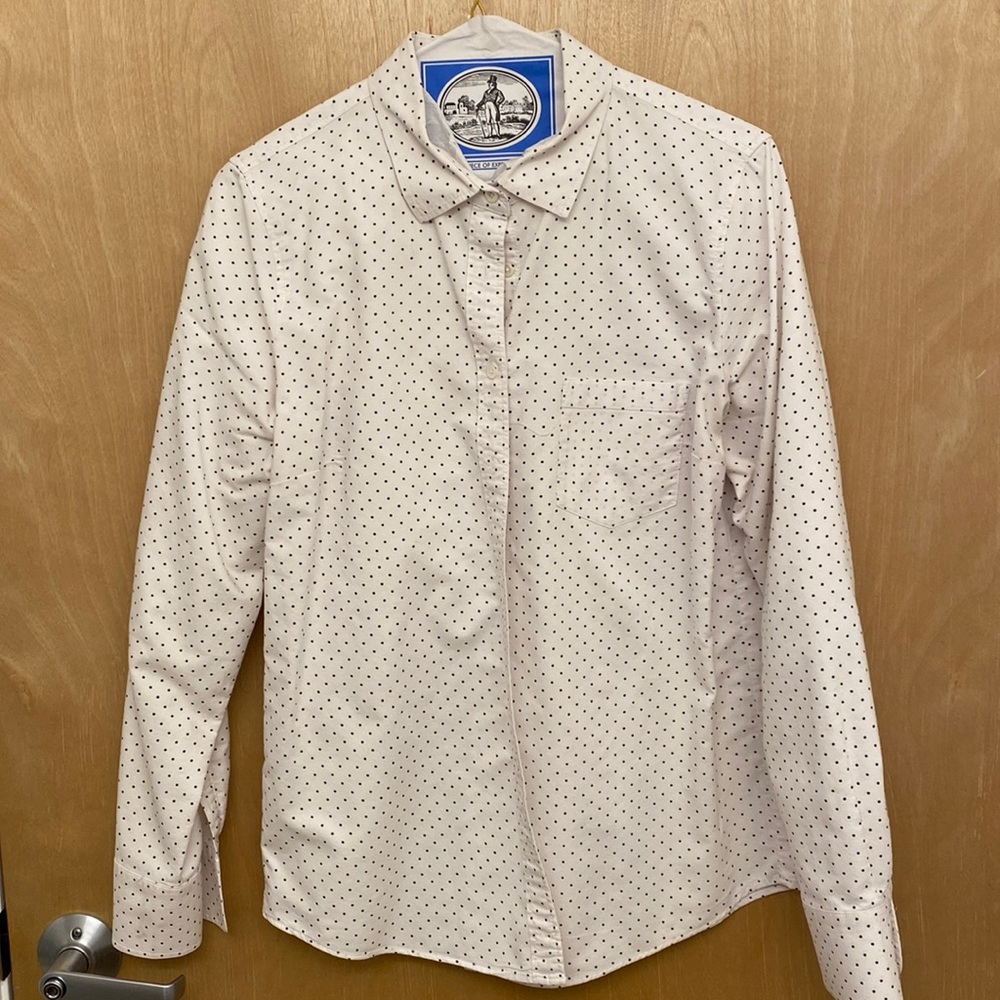 J Crew Sz 6 Boy Button Down in White w/ Black Polka Dots